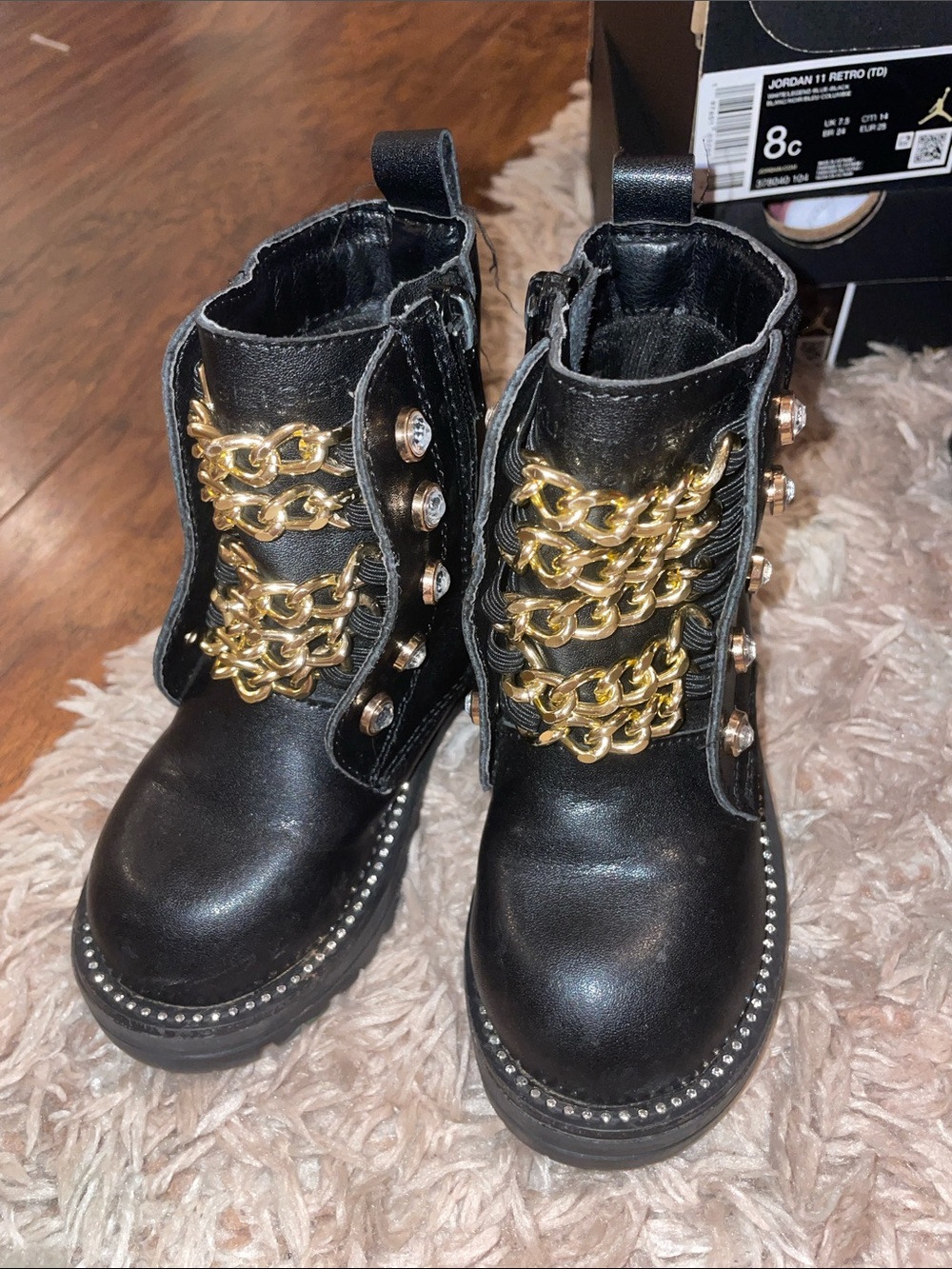 TODDLER Black Leather Combat Boots with Gold Chain Accent